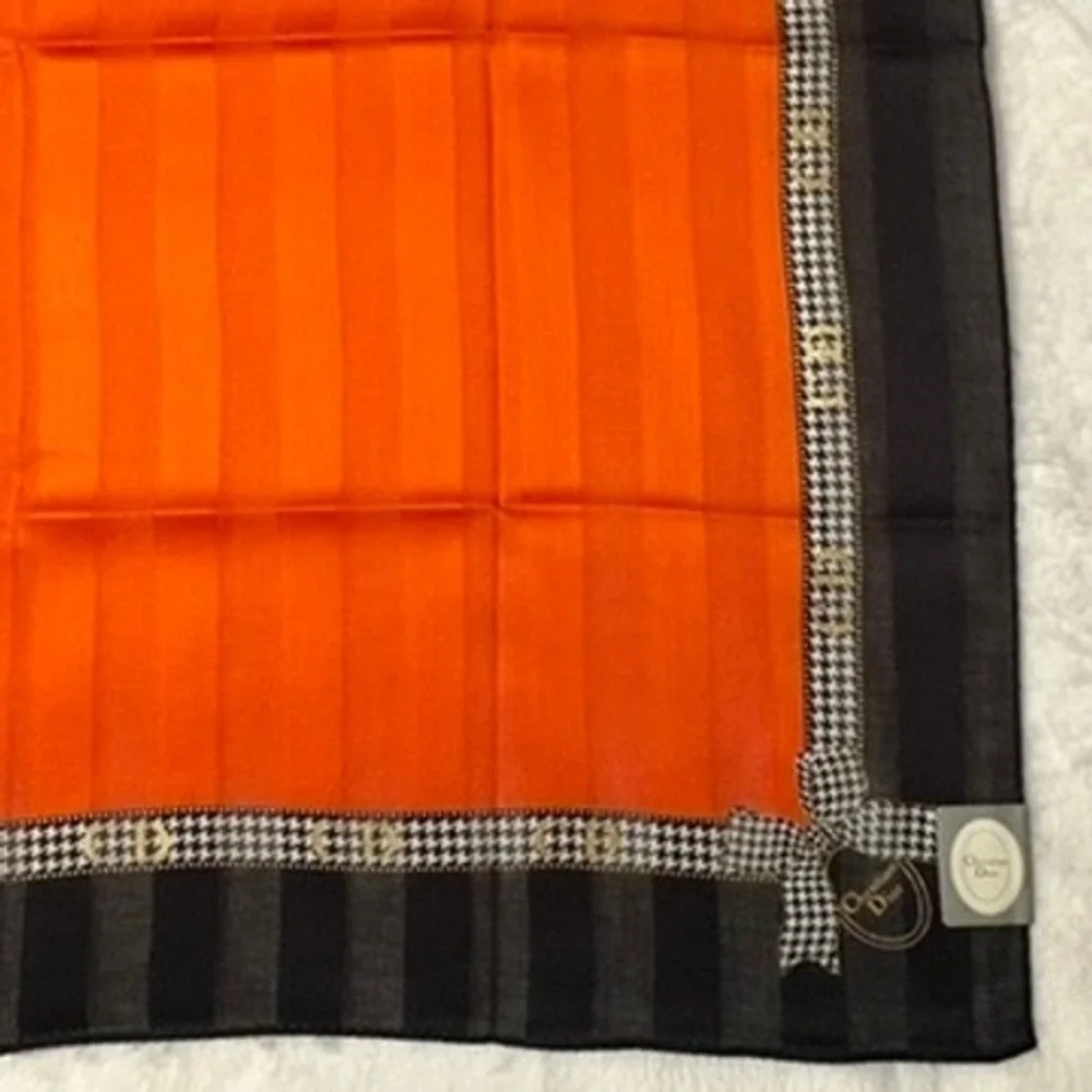 Vtg CHRISTIAN DIOR Scarf Handkerchief Striped Orange Black 19
